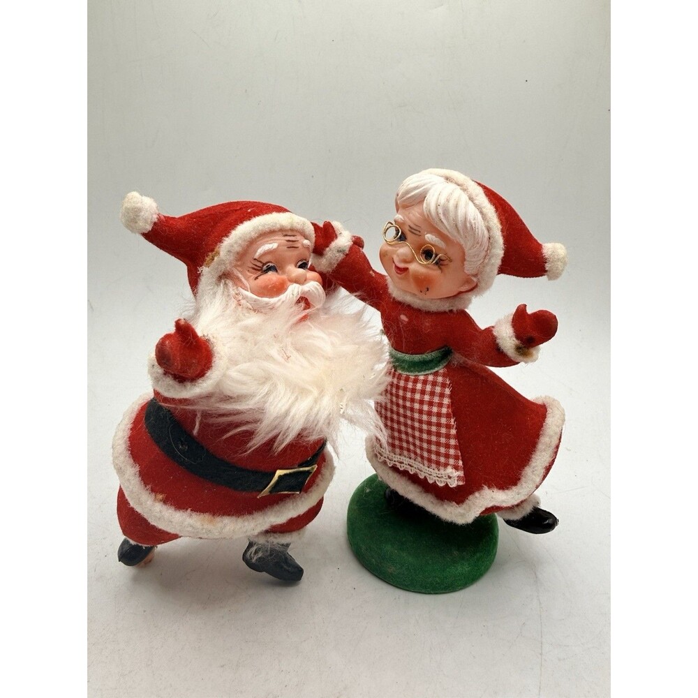 Flocked Figurines -  Santa and Mrs. Claus Waving - Vintage Mid Century